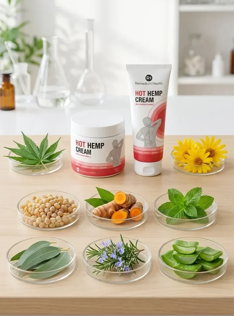 Натурални съставки на Remedium Health Hot Hemp Cream - конопено масло, босвелия, куркума, арника, розмарин, алое вера, мента, евкалипт