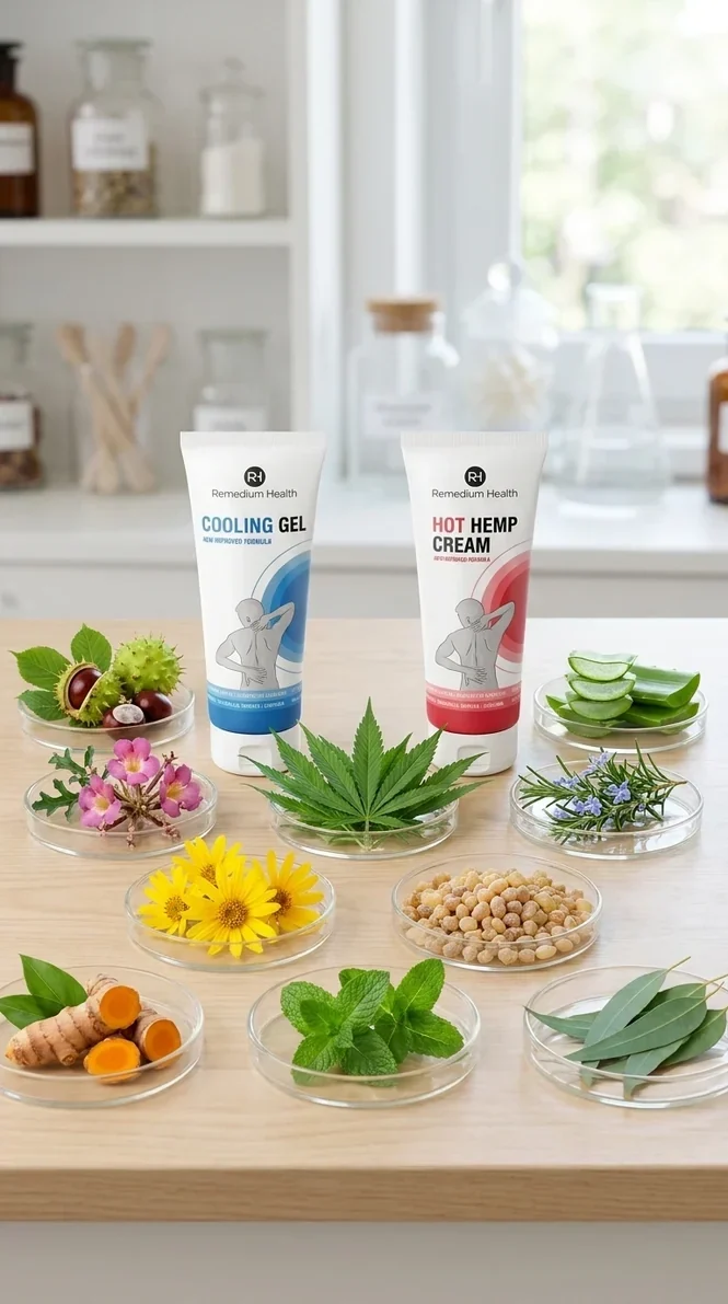 Натуралните съставки на Remedium Health Cooling Gel и Hot Hemp Cream - конски кестен, дяволски нокът, арника, босвелия, конопено масло, куркума, мента, евкалипт, розмарин и алое вера