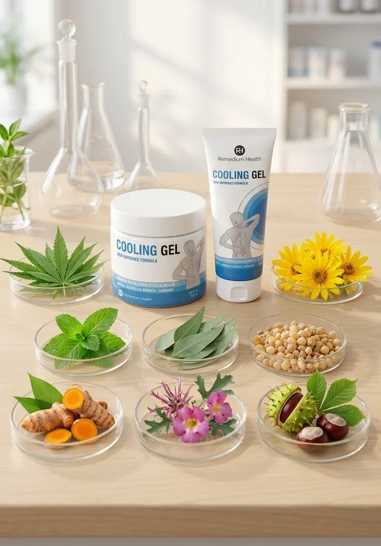 Натурални съставки на Remedium Health Cooling Gel - Арника, Канабис, Босвелия, Куркума, Евкалипт, Мента, Дяволски нокът, Конски кестен